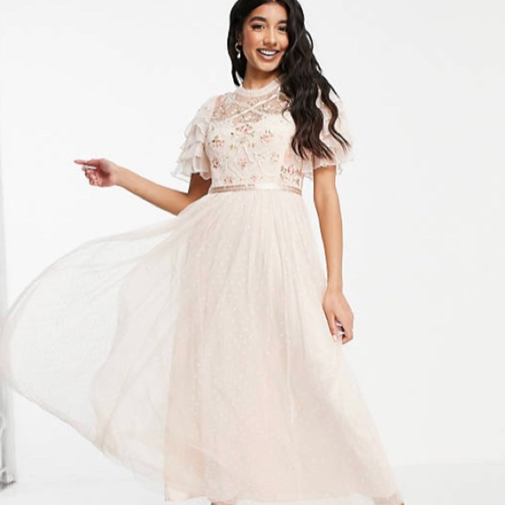 Needle and thread Isadora ballerina midaxi dress with lace embroidery in cream